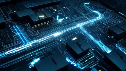 Poster - Motherboard with chips transferring network signals. Circuit board concept with calculations on the chip blocks