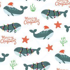 Wall Mural - Merry Christmas, whale seamless pattern. Cute whales with christmas lights on white background.	