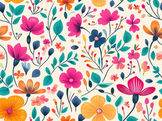 Wall Mural - Vibrant floral seamless pattern with colorful flowers and leaves in pink, orange, and green hues. The cream-colored background highlights the bold, lively design, suitable for spring and summer projec