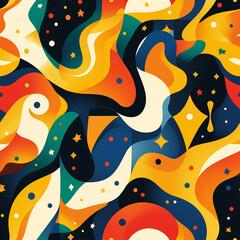 Wall Mural - A vibrant, abstract seamless pattern with flowing shapes and bright colors like orange, blue, and yellow. The dynamic design is energetic and suitable for bold, contemporary projects.