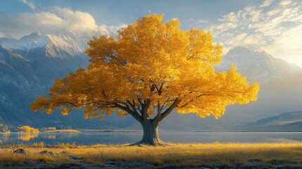 Wall Mural - Golden Tree by the Lake