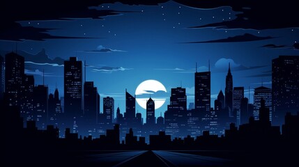 Wall Mural - Night City Skyline with Moon and Stars - Minimalist Art