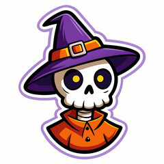 Wall Mural - Adorable Halloween Skeleton with Witch Hat - Baby Sticker Design on White Background  art vector illustration