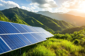 A community solar farm with rows of solar panels against a rural backdrop, clean energy