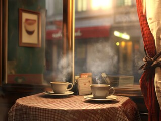 Two cups of coffee on a table in front of a window