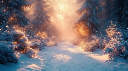 Wall Mural - enchanted winter forest scene with snowladen evergreens and soft misty light magical christmas landscape backdrop