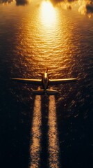 Wall Mural - A small plane flying over the ocean at sunset