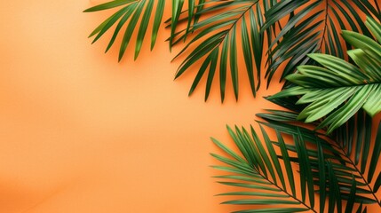 Aufkleber - Lush green palm branches are elegantly arranged on a vivid orange backdrop, creating a striking and vibrant aesthetic