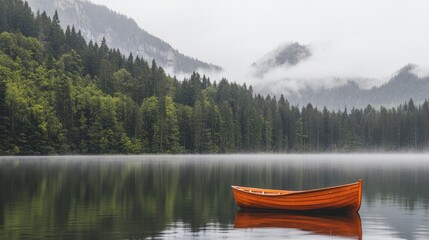 Wall Mural - The solitary wooden boat floats on a serene lake surrounded by misty mountains and lush trees.