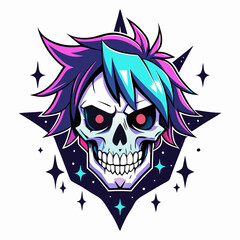 Epic Anime Skull Vector T-Shirt Design, Glitch Aesthetic, Starry Shimmer, Crisp White Background