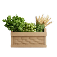 Fresh greens, grapes, and wheat arranged in a wooden basket, perfect for showcasing healthy food and natural ingredients. transparent background