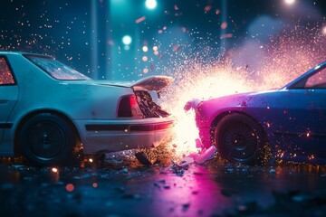 A dramatic illustration of two cars colliding and exploding.