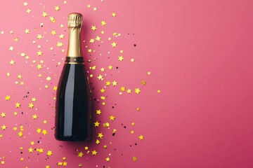 Golden stars and festive bokeh lights surround a champagne bottle.