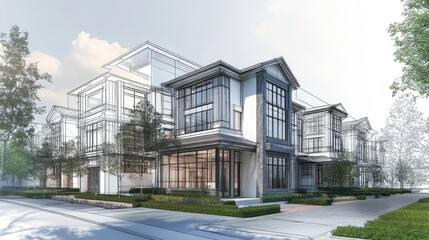 Poster - 3D illustration of a townhouse concept and sketch design