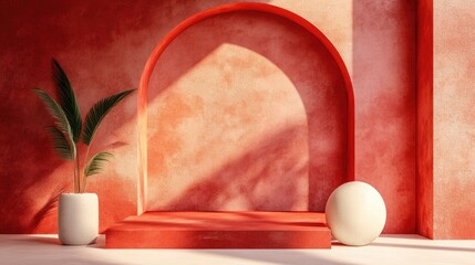 Poster - 3D rendering of a minimalist backdrop suitable for cream cosmetics featuring a contemporary red podium setting