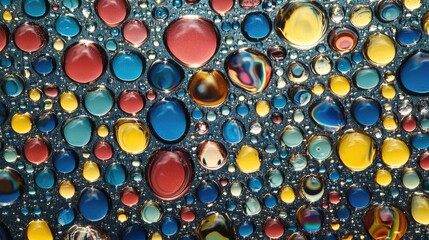 Poster - A backdrop filled with diverse water droplets of varying sizes some round and others elongated from surface tension reflecting the surroundings like miniature lenses