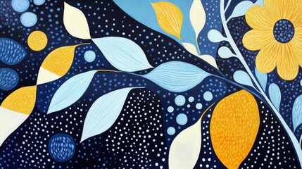 Poster - Abstract art showcasing patterns of dots circles flowers leaves petals and geometric shapes all formed with smooth lines in navy blue sky blue light yellow and white hues