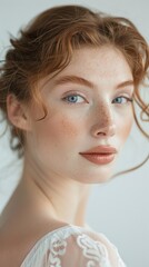 Poster - An elegant woman with wavy hair and freckles gazes softly at the viewer, highlighting her natural beauty in a calm, well-lit environment