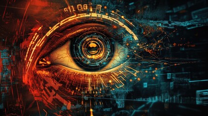 Poster - abstract design featuring eye outlines numbers and fractal elements symbolizing modern technology me