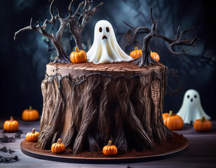 Halloween pumpkin cake in shape of tree stump with white ghost, tiny pumpkins and dried trees on dark background