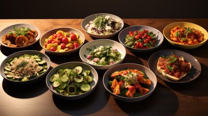 Plates filled with a colorful variety of vegetarian food arranged on a wooden table. A top view captures the freshness and vibrancy of this healthy and delicious meal.