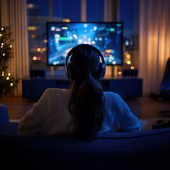 Wall Mural - Gamer in a gaming room playing on a large screen with neon lighting