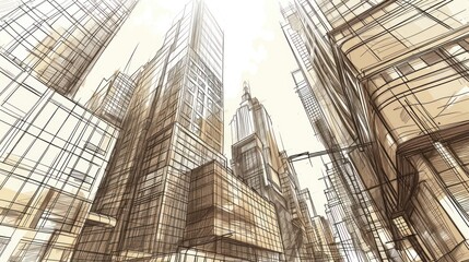 Sketch of a cityscape with tall buildings. The background is cream and the buildings are shades of brown and black.