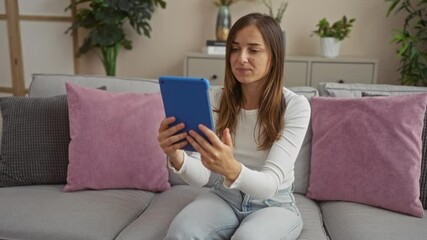 Wall Mural - A young attractive blonde caucasian woman in her living room making a video call on a tablet in a comfortable indoor setting with pillows and plants in the background.