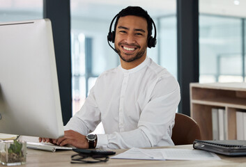 Aufkleber - Man, happy and portrait in call center by computer, headphones or mic for telemarketing in office. Person, consultant and typing on pc for voip in workplace, smile or contact us for customer support