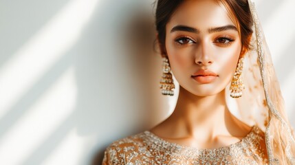 Modern Punjabi Fashion Model with Determined Gaze in Stylish Attire Against Bright Wall, Close-Up Silhouette Shot