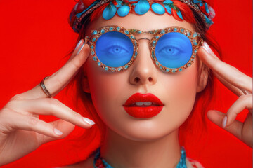 Beautiful blue-eyed lady with Stylish Sunglasses in unusual headband and red lipstick and sunglasses and poses on orange background. generative AI