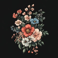 Wall Mural - A vibrant floral arrangement featuring various colorful flowers and leaves on a dark background.