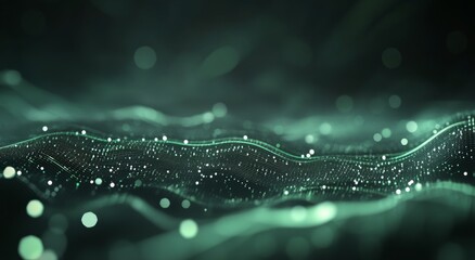 Poster - Glowing green particles creating a dynamic digital landscape in a dark environment