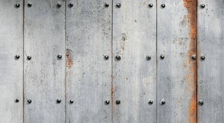 Weathered metal panels with rust and rivets on an industrial wall