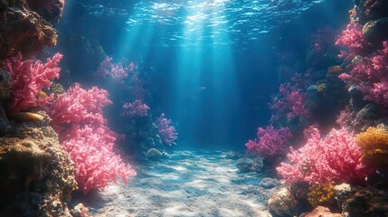 ethereal underwater scene with shimmering blue sunlight filtering through crystalclear waters illuminating vibrant coral reefs and graceful marine life in a dreamlike atmosphere