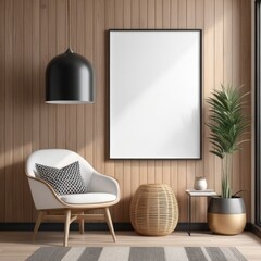 white poster frame close up in modern home interior with light dark colored wood texture walls, wall mockup, 3d rendering