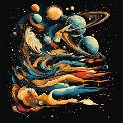 Wall Mural - A vibrant cosmic illustration featuring swirling planets, rings, and colorful celestial elements against a dark background.