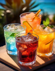 Canvas Print - Colorful summer cocktails on a wooden table against holiday resort garden beach