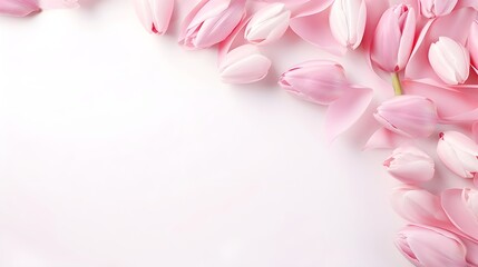 Sticker - Abstract purple and pink tulip flowers and petals flying in the air. Summer minimal floral frame background.