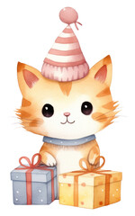 Poster - PNG Cute cat character wear sweater holding gift box decoration cartoon hat.