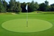 © Serhii - Golf Flagstick on Putting Green at Golf Course. Hole with Blank White Flagstick