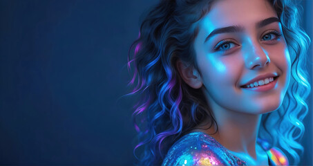 Beautiful female young model with vibrant glow makeup, skin care concept