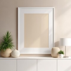 white poster frame close up in modern home interior with light beige colored texture walls, wall mockup, 3d rendering