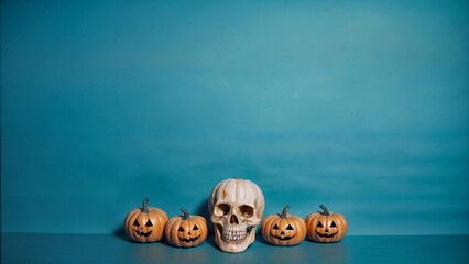 Wall Mural - Collection of jack-o-lanterns with a skull placed in the center, creating a spooky Halloween-themed display, copy space