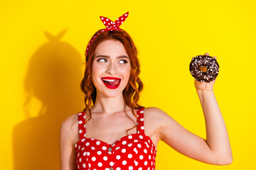 Canvas Print - Photo of dreamy pretty cute lady wear red trendy clothes eat sweet dessert look empty space isolated on yellow color background