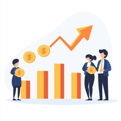 Poster - Business people with coins illustrating financial growth and bar graphs