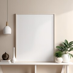 white poster frame close up in modern home interior with light beige colored texture walls, wall mockup, 3d rendering