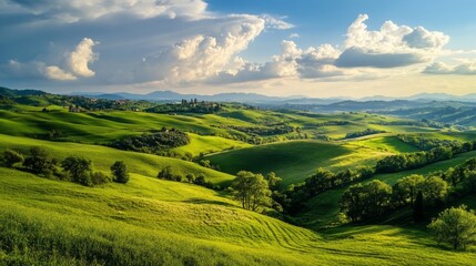 A lush green landscape with rolling hills and a serene sky.