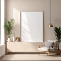 white poster frame close up in modern home interior with light beige colored texture walls, wall mockup, 3d rendering