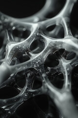 Poster - An intricate and transparent structure resembling a cellular network with bubbles forming within it.